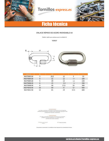 1 x Eslabón rápido Inoxidable A4 5