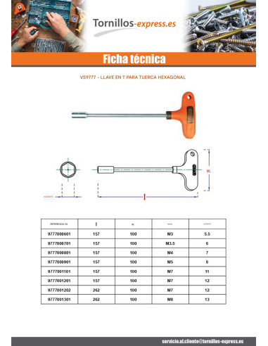 1 x Llave en T para Tuerca hexagonal 11X157