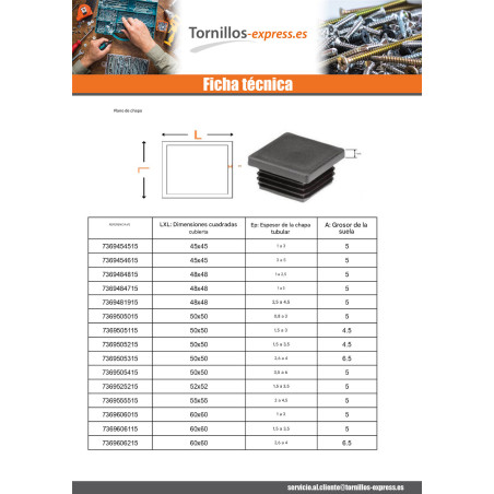 1 x Tapón cuadrado 55X55 Spessore lamiera del tubo 2 con 4.5 polietileno negro