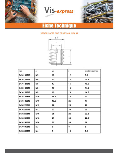 1 x Inserto roscado madera 25X30 M16 Inoxidable A2