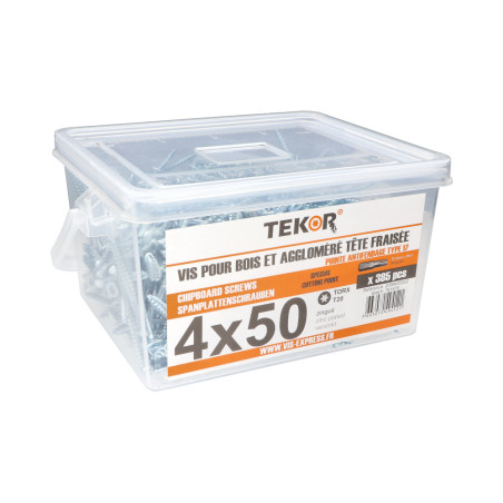 1 x Balde de 385 Tornillos para madera TEKOR 4X50 cabeza fresada/testa svasat TORX T20 cut punta antihendidura tipo 17
