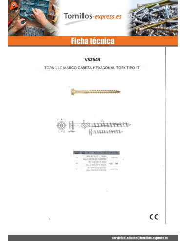 1 x Tornillo para marcos TEKOR cabeza hexagonal...
