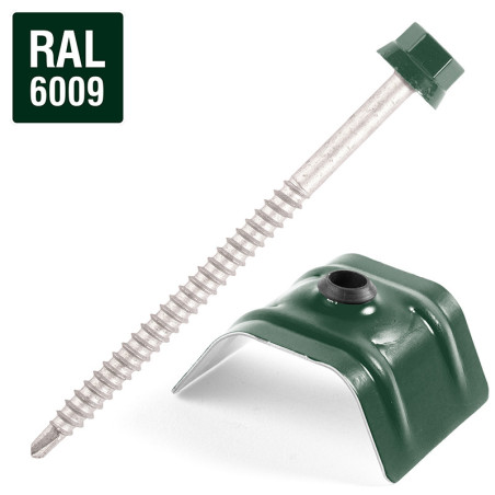 1 x Tornillo autoperforante con puente para tejados 2 piezas Tipo C1 RAL6009 verde abeto 6.3X100