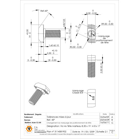 1 x Tornillo metales cabeza martillo M8/17 8.3X19 Clase 8.8 Acero cincado blanco