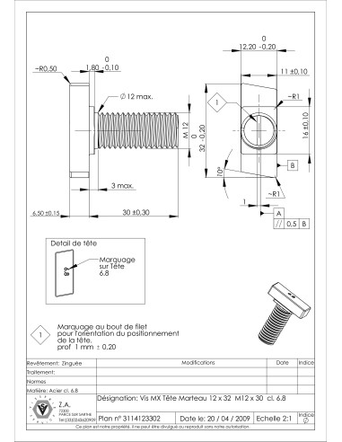 1 x Tornillo metales cabeza martillo M12/30...