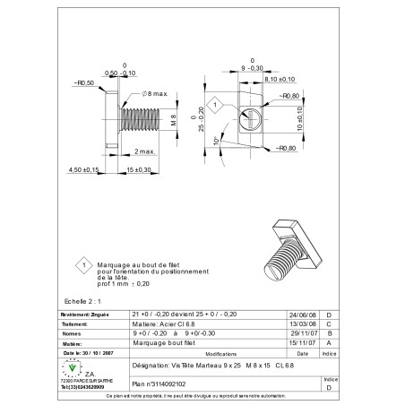 1 x Tornillo metales cabeza martillo M8/15 9X25 Clase 6.8 Acero cincado blanco