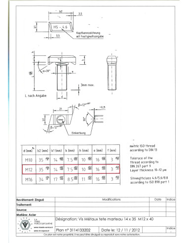 1 x Tornillo metales cabeza martillo M12X40...