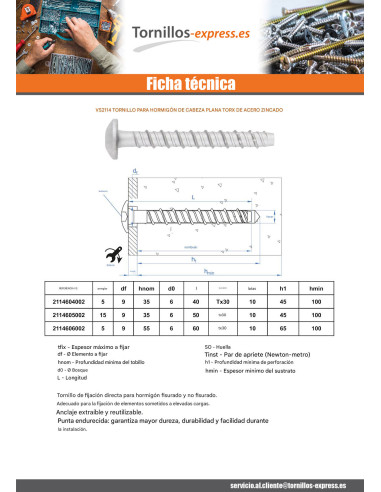 1 x Tornillo hormigón cabeza abombada TORX TORX...