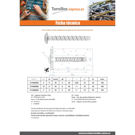 1 x Tornillo hormigón cabeza abombada TORX TORX T30 6X50 Acero cincado blanco