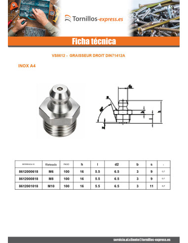 1 x Racor recto M10 paso de 100 Inoxidable A4