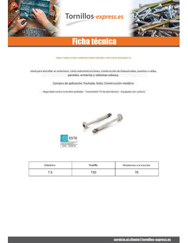 1 x Tornillo hormigón cabeza abombada TORX T30...