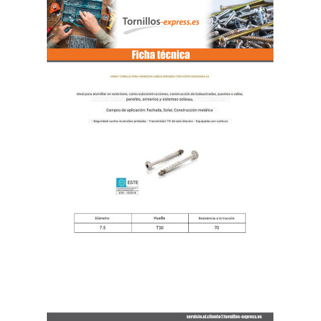 1 x Tornillo hormigón cabeza abombada TORX T30 Inoxidable A4 7.5X100 roscado en 45