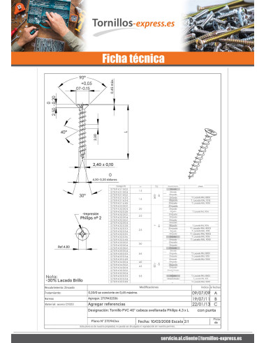1 x Tornillo pvc cabeza fresada abombada...
