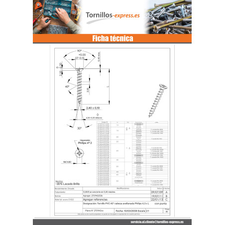 1 x Tornillo pvc cabeza fresada abombada phillips 4.3X20 Autoperforante Acero cincado blanco RAL9016 blanco tráfico