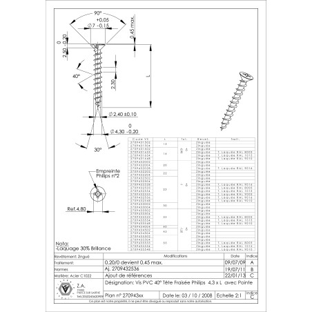 1 x Tornillo pvc cabeza fresada abombada phillips 4.3X35 Acero cincado blanco RAL8003