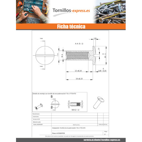 1 x Tuerca encuadernador cabeza abombada ranura M4X12 5X16 Latón