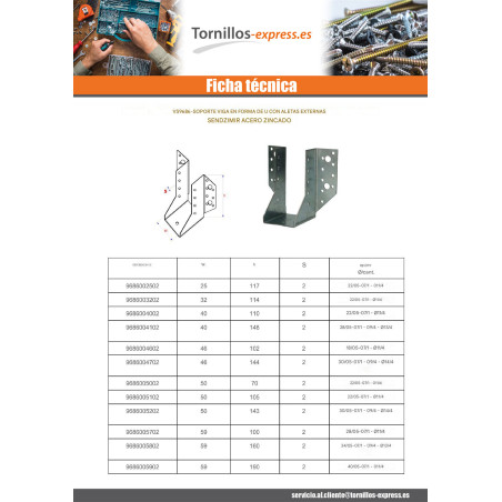 1 x Colgador de vigueta en forma de U con Aletas exterior sendzimir 75X152