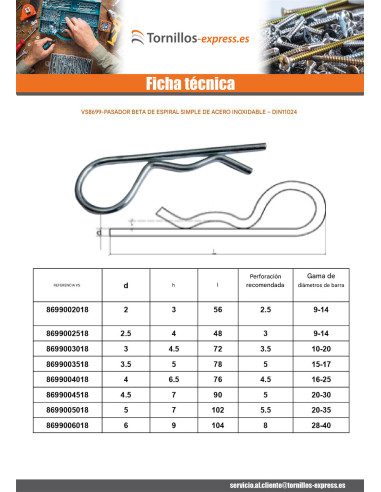 1 x Pasador BETA Inoxidable A2 4.5