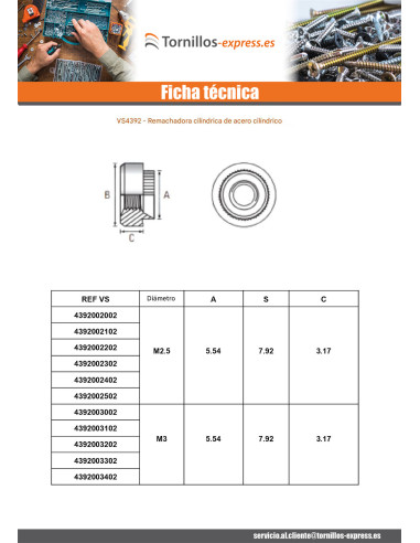1 x Tuerca para remachar cilíndrico M3 grosor...
