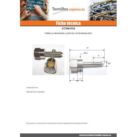 1 x Tornillo cabeza fresada/testa svasat Latón niquelado M3 6.5X19 ref A890 MI