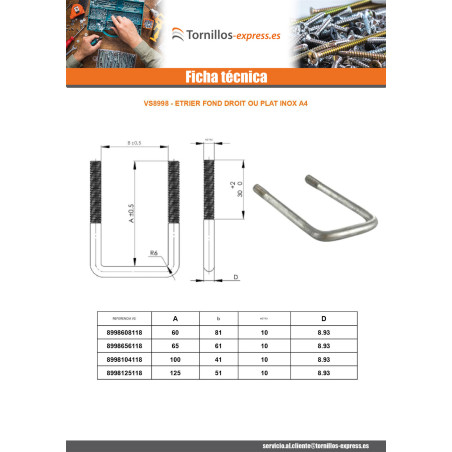 1 x Estribo fondo recto o plano M10/30/30 65X61X65 Inoxidable A4