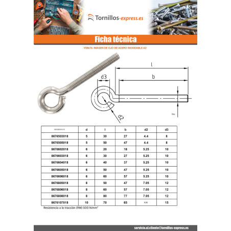 1 x Tornillo de ojo metales M6X60 ojo 10 Inoxidable A2