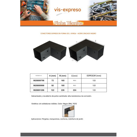 1 x Conector platina de ensamblaje EXPRESAR en L Acero cincado negro 122X226X224