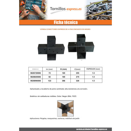 1 x Conector platina de ensamblaje EXPRESAR 4 Direcciones Acero cincado negro 72X165X255