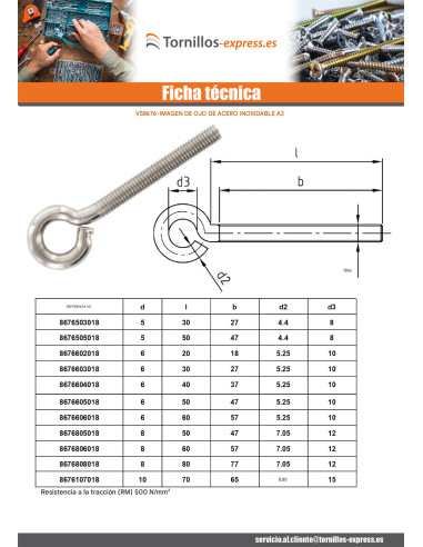 1 x Tornillo de ojo metales M8X80 ojo 10...