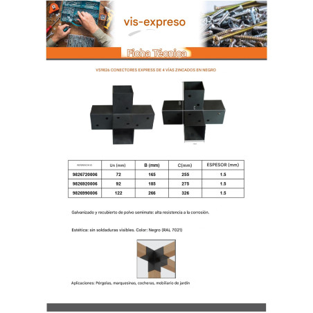 1 x Conector platina de ensamblaje EXPRESAR 4 Direcciones Acero cincado negro 92X185X275