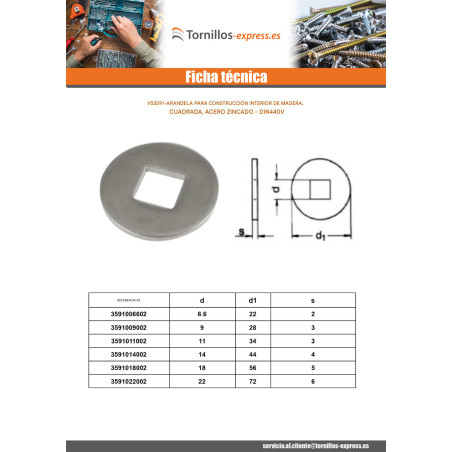 1 x Arandela para construcción madera interior cuadrada 9X28X3 Acero cincado blanco