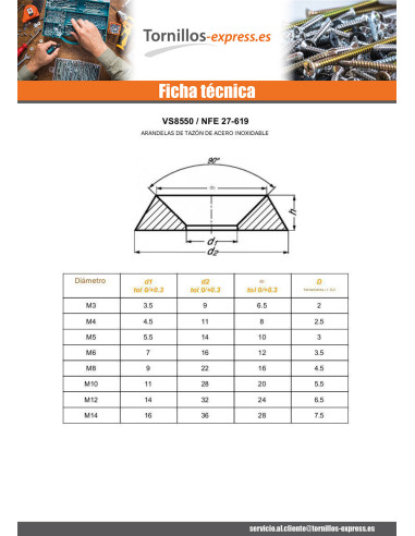 1 x Arandela cónica macizo Inoxidable A2 M14