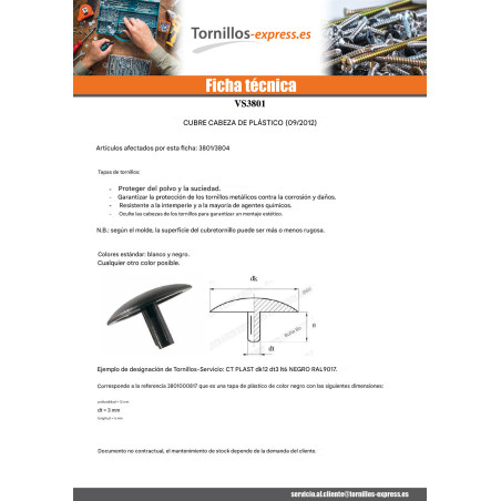 1 x Tapón para Cabeza de Tornillo Polietileno diámetro de cabeza: 12 diámetro varilla 2.5 longitud varilla 5 RAL9010