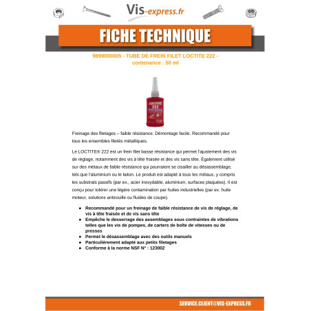1 x Freno rosca baja resistencia 50 ml LOCTITA 222