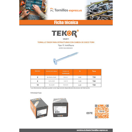 1 x Tornillos para madera TEKOR cabeza disco TORX T40 cut punta antihendidura tipo 17 8X50 roscado total Acero cincado