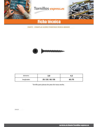 1 x Tornillo para placa de yeso Ancha roscada...