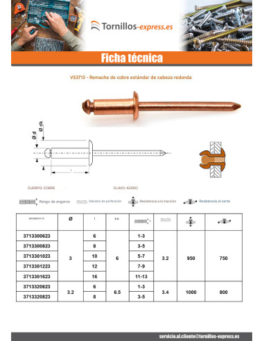 1 x Remache Cabeza redonda estándar varilla de...