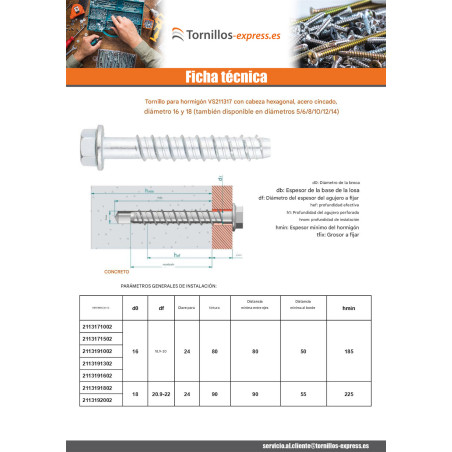 1 x Tornillo hormigón cabeza hexagonal resalto reborde T24 16X100 Acero cincado blanco