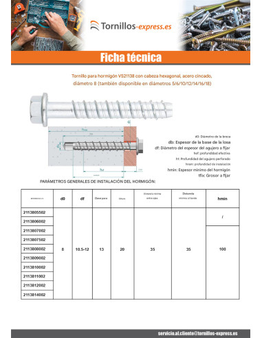 1 x Tornillo hormigón cabeza hexagonal resalto...