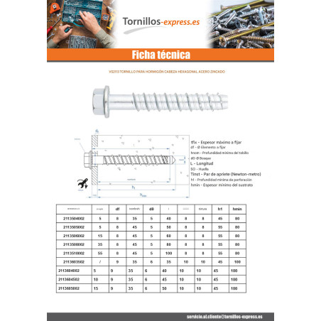 1 x Tornillo hormigón cabeza hexagonal resalto reborde TORX T15 10X180 Acero cincado blanco