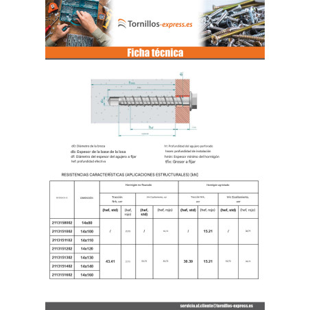 1 x Tornillo hormigón cabeza hexagonal resalto reborde T21 14X140 Acero cincado blanco