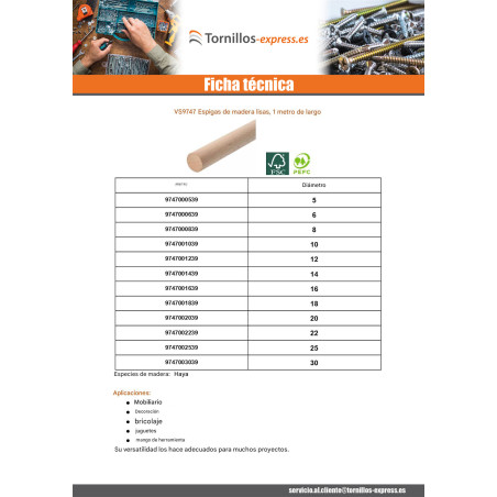 1 x Pasador de madera liso diámetro 16 longitud 1 metro