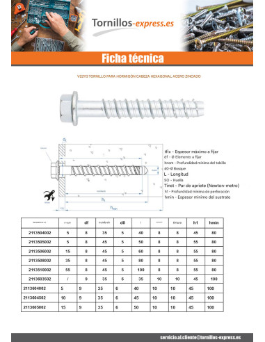 1 x Tornillo hormigón cabeza hexagonal resalto...