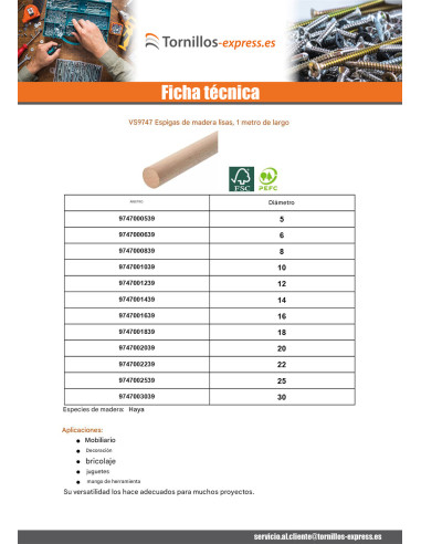 1 x Pasador de madera liso diámetro 30 longitud...