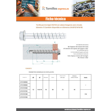 1 x Tornillo hormigón cabeza hexagonal resalto reborde T18 12X110 Acero cincado blanco
