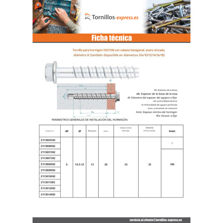 1 x Tornillo hormigón cabeza hexagonal resalto reborde T13 8X140 Acero cincado blanco