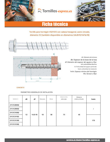 1 x Tornillo hormigón cabeza hexagonal resalto...