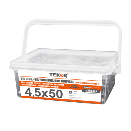 1 x Balde de 385 Tornillo terraza TEKOR 4.5X50 cut punta antihendidura tipo 17 Inoxidable C1 AISI 410 cabeza fresada/testa
