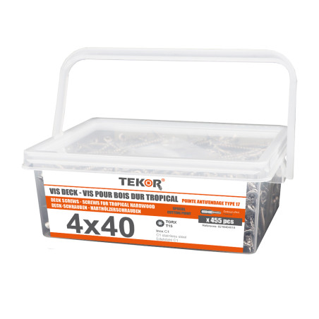 1 x Balde de 455 Tornillo terraza TEKOR 4X40 cut punta antihendidura tipo 17 Inoxidable C1 AISI 410 cabeza fresada/testa