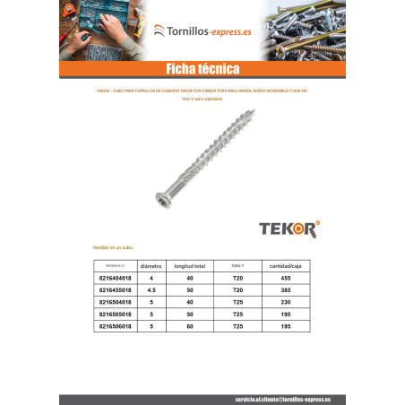 1 x Balde de 455 Tornillo terraza TEKOR 4X40 cut punta antihendidura tipo 17 Inoxidable C1 AISI 410 cabeza fresada/testa